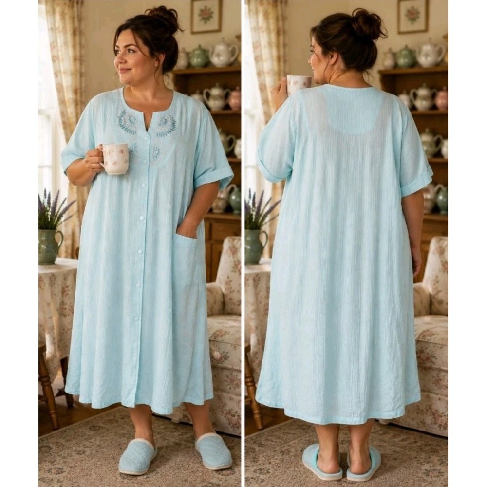 Miss Elaine Plus Sz 3XL Midi Seersucker Duster Housecoat Robe Grandmacore Aqua